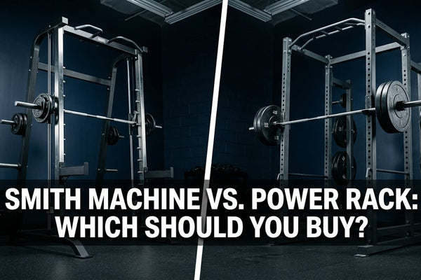 Side-by-side cinematic comparison of a Smith machine and a power rack in a home gym setting