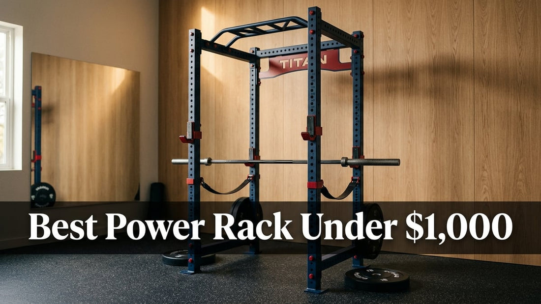 Cinematic studio shot of a navy blue steel power rack in a clean minimalist home gym with warm dramatic lighting
