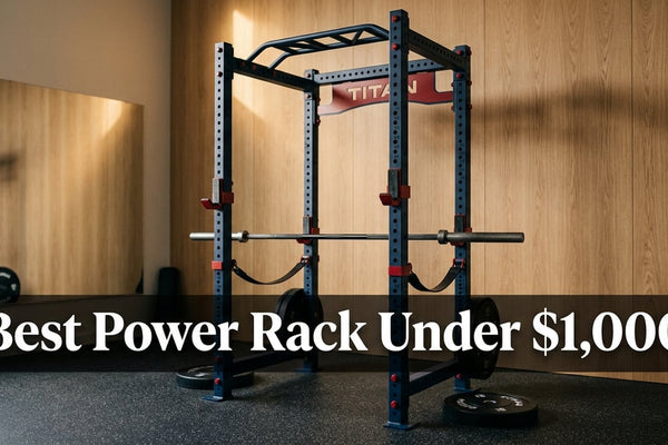 Cinematic studio shot of a navy blue steel power rack in a clean minimalist home gym with warm dramatic lighting