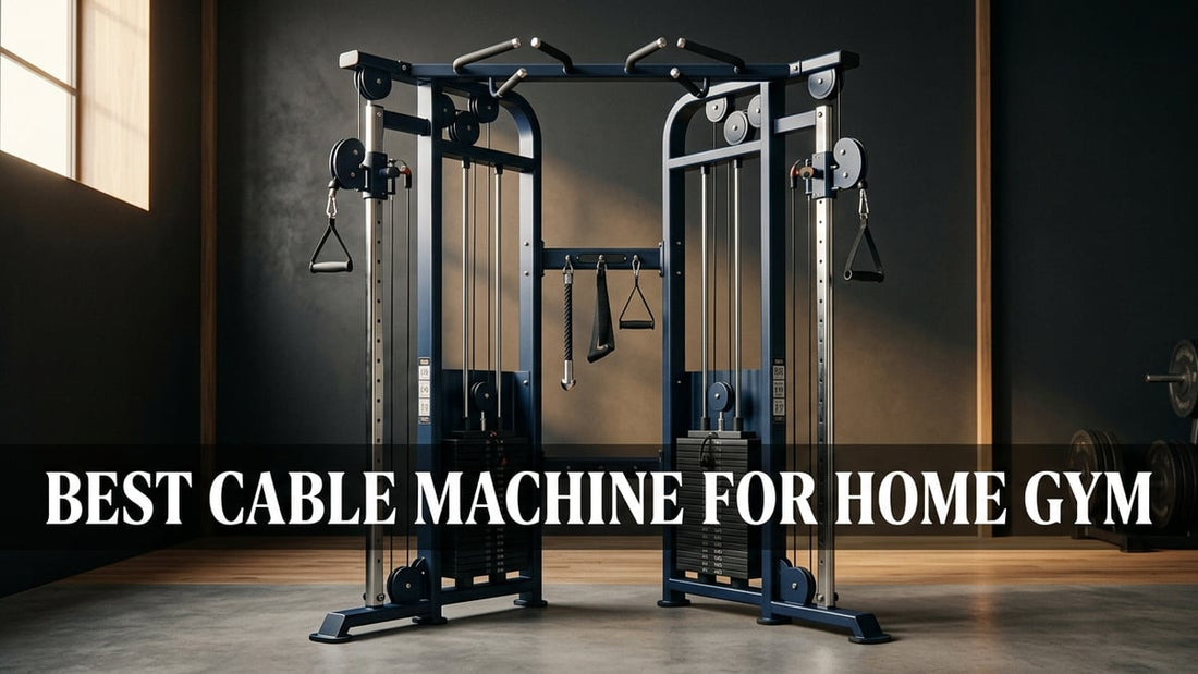 Premium dual-stack cable crossover machine in a minimalist home gym with navy and steel finish