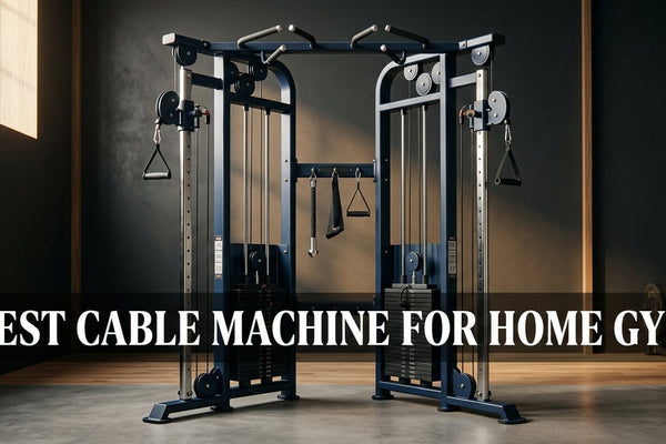 Premium dual-stack cable crossover machine in a minimalist home gym with navy and steel finish