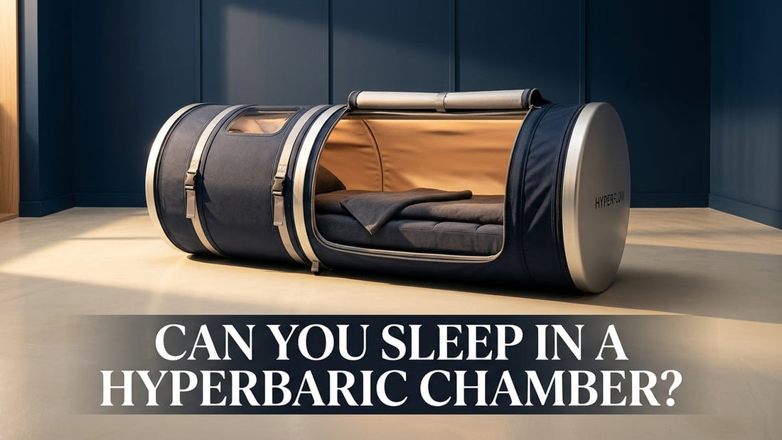 Cinematic shot of a lying-down hyperbaric chamber glowing from within in a minimalist navy blue room