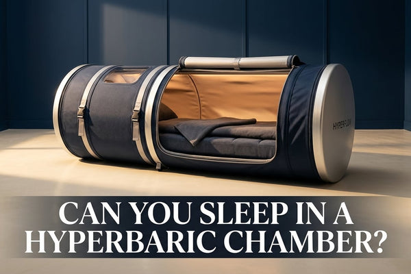 Cinematic shot of a lying-down hyperbaric chamber glowing from within in a minimalist navy blue room