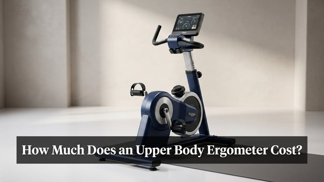 Premium clinical-grade upper body ergometer in a minimalist rehabilitation studio with elegant title text overlay