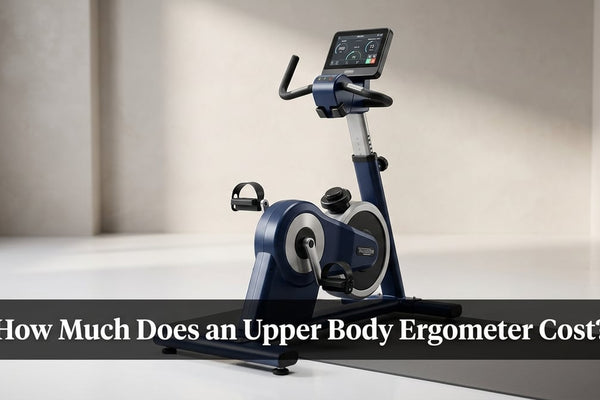 Premium clinical-grade upper body ergometer in a minimalist rehabilitation studio with elegant title text overlay