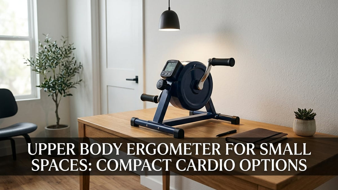 Compact tabletop upper body ergometer on a wooden desk in a small minimalist home gym corner