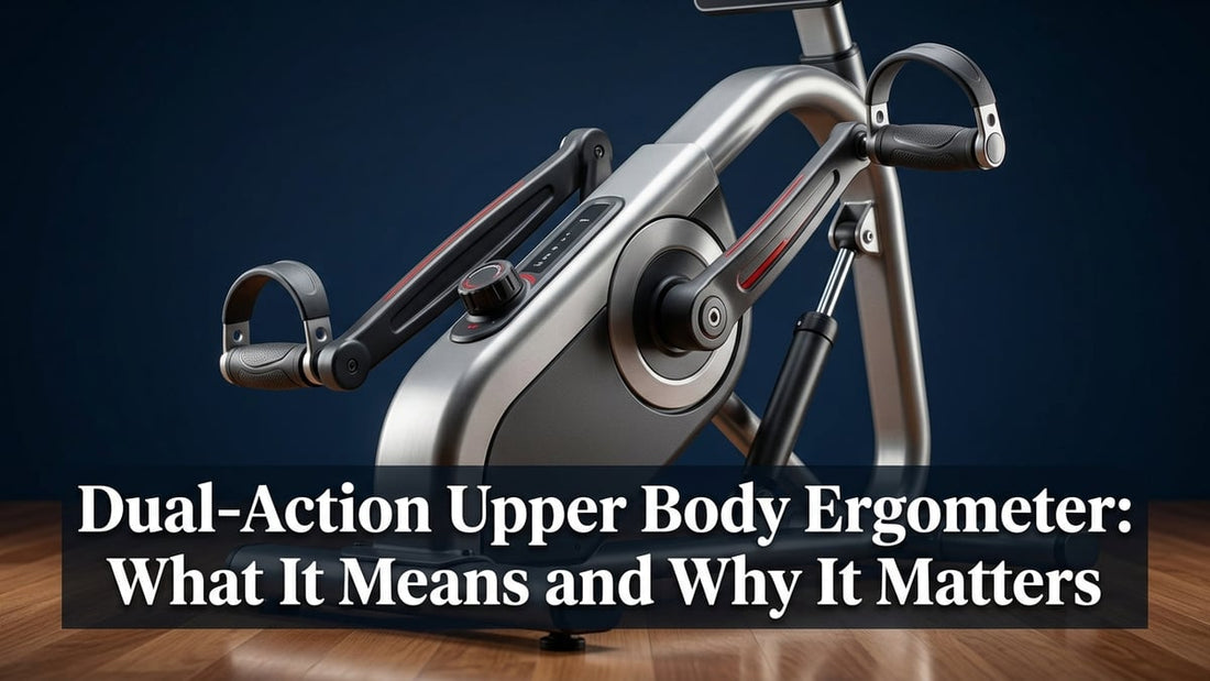 Cinematic studio shot of a dual-action upper body ergometer with independent arm cranks highlighted in red accents