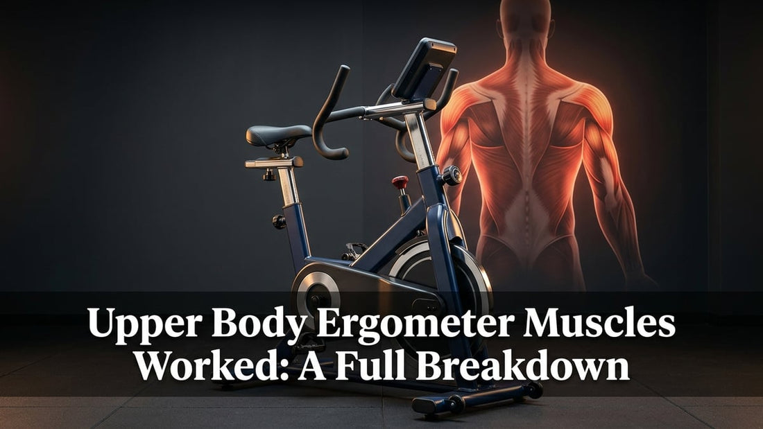 Professional upper body ergometer machine with cinematic lighting and muscle silhouette anatomy overlay