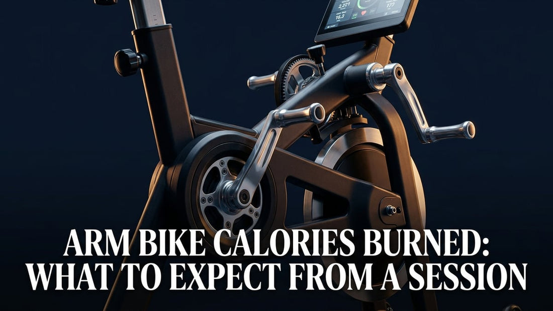 Professional arm bike ergometer under dramatic studio lighting with calorie session article title overlay