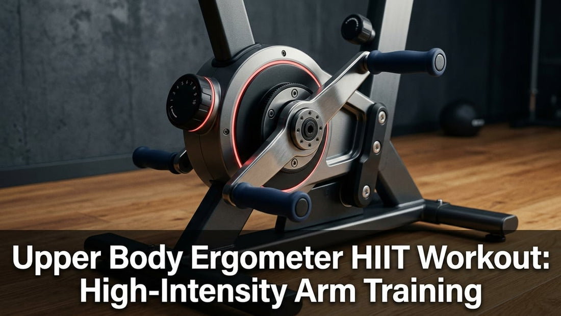 Premium upper body ergometer machine in a minimalist gym studio with cinematic lighting and bold article title