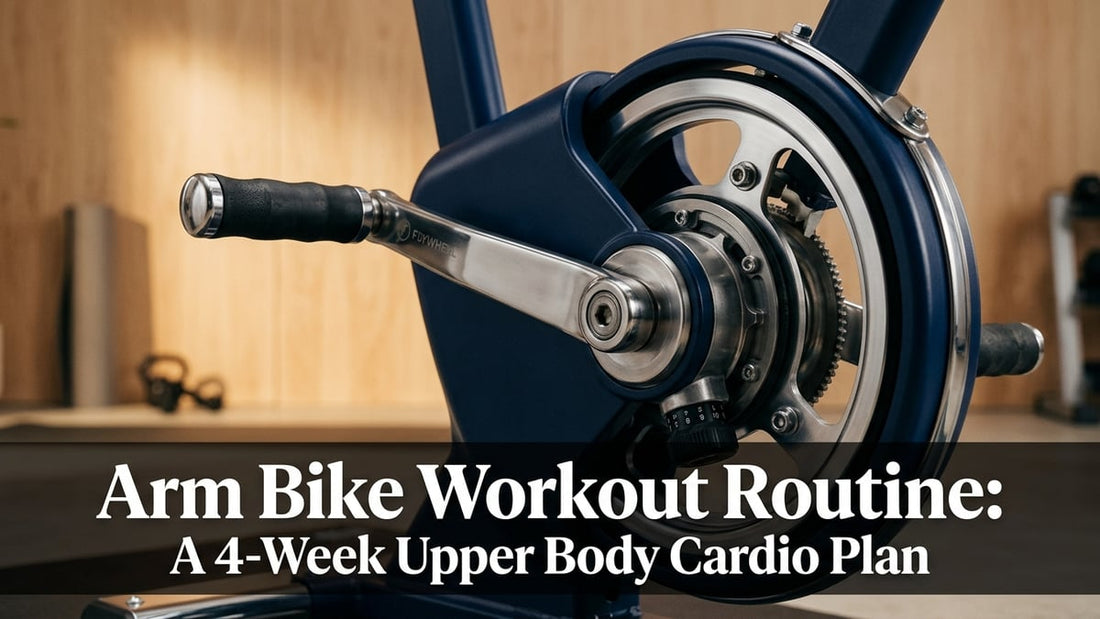 Premium navy blue upper body ergometer arm crank machine in a minimalist wood-paneled gym, cinematic hero shot