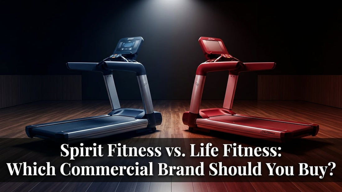 Two commercial treadmills in navy and red side-by-side comparison under dramatic studio lighting