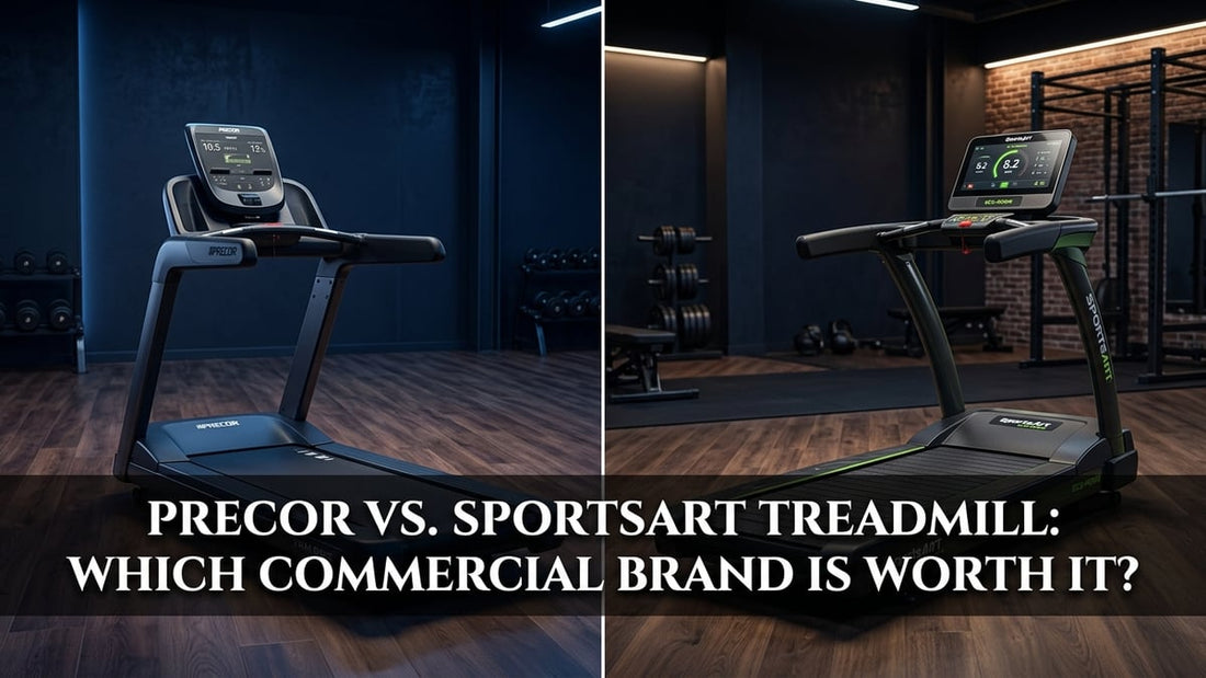 Split-frame cinematic comparison of Precor and SportsArt commercial treadmills in a professional gym setting