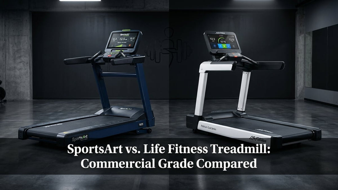 Side-by-side cinematic comparison of SportsArt and Life Fitness commercial treadmills on dark studio floor