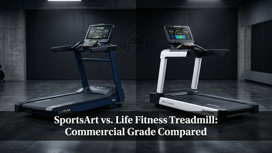Side-by-side cinematic comparison of SportsArt and Life Fitness commercial treadmills on dark studio floor