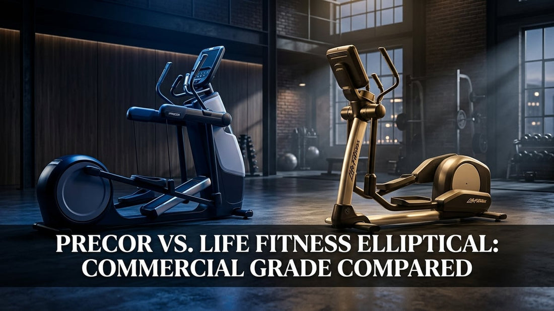 Two commercial elliptical machines facing each other in dramatic split lighting for a head-to-head brand comparison