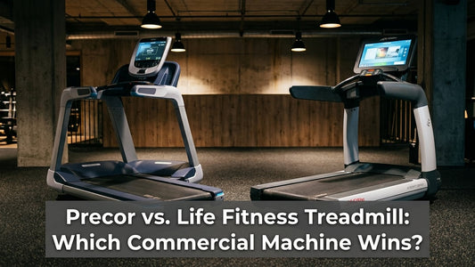 Two premium commercial treadmills facing each other in a dramatic split-composition cinematic fitness facility shot