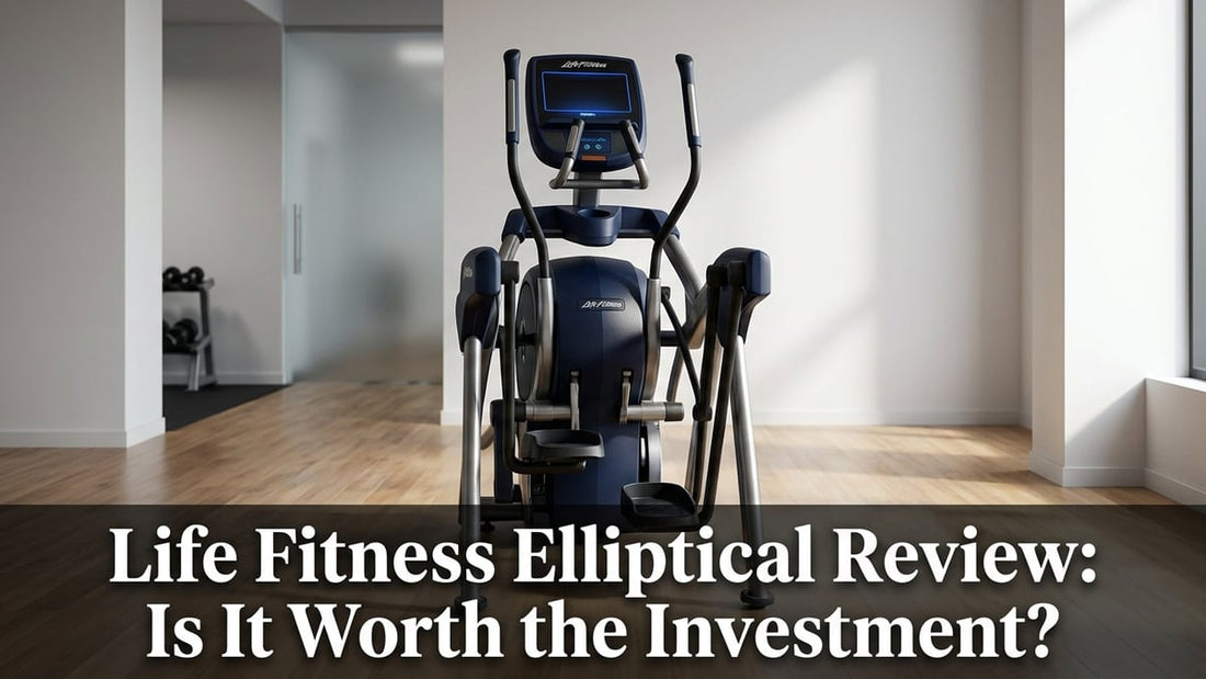 Life Fitness Atmos Cross Trainer elliptical machine in a clean minimalist commercial fitness room with navy and steel frame