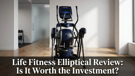 Life Fitness Atmos Cross Trainer elliptical machine in a clean minimalist commercial fitness room with navy and steel frame