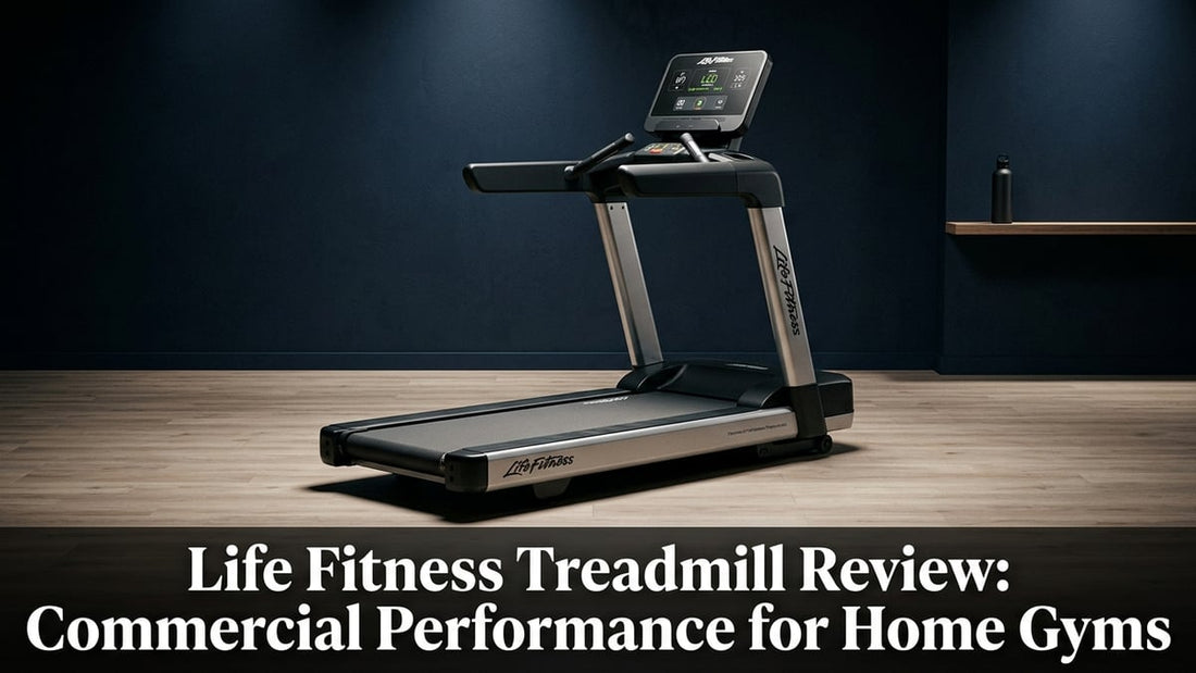 Life Fitness Atmos treadmill in a minimalist home gym with dramatic studio lighting and article title overlay