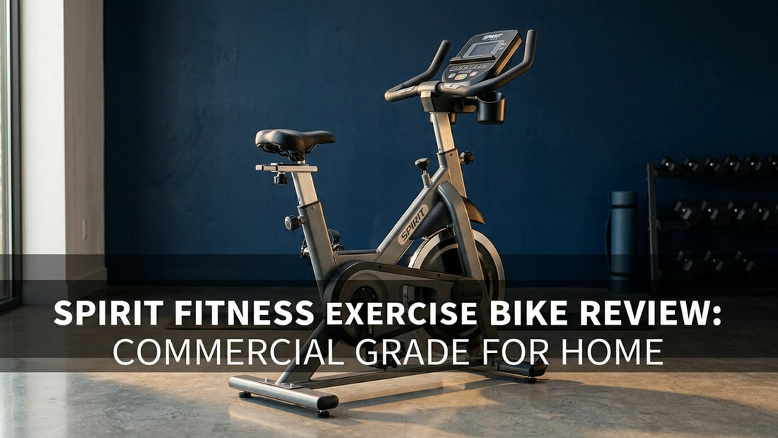 Cinematic studio shot of a commercial-grade Spirit Fitness upright exercise bike in a minimalist home gym with navy blue wall