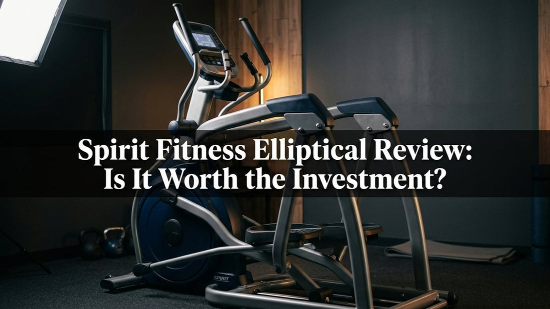 High-end cinematic shot of a navy blue commercial Spirit Fitness elliptical machine in a minimalist home gym studio