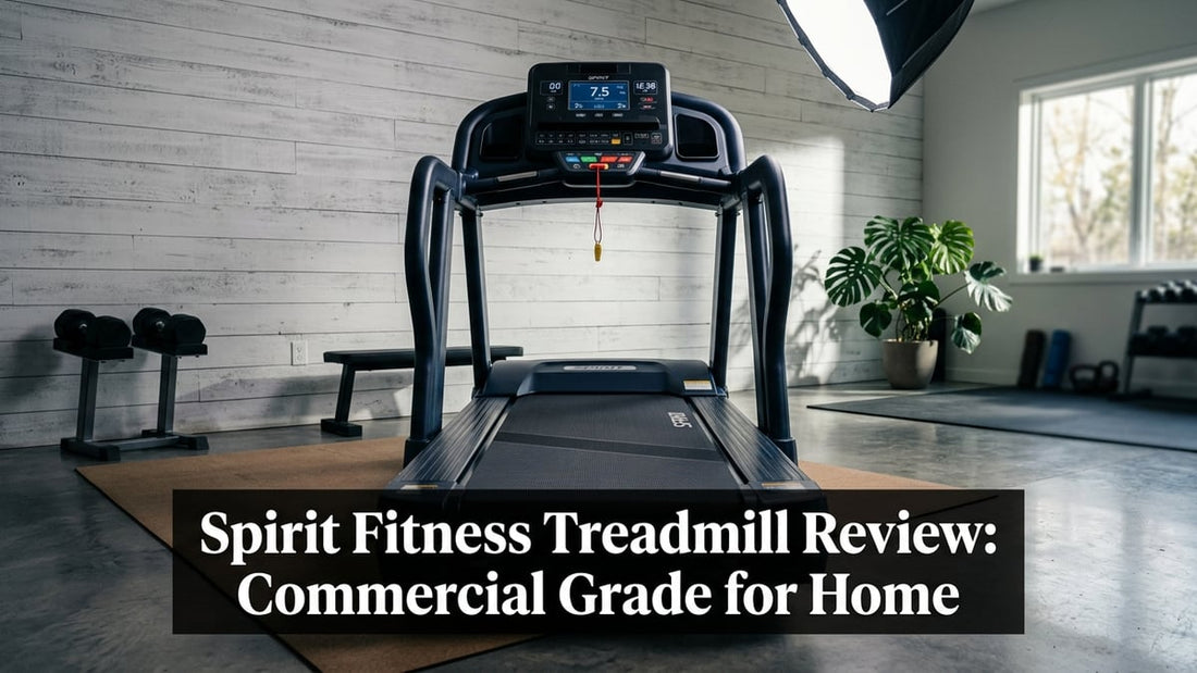 Spirit Fitness commercial-grade treadmill in a minimalist home gym with dramatic studio lighting
