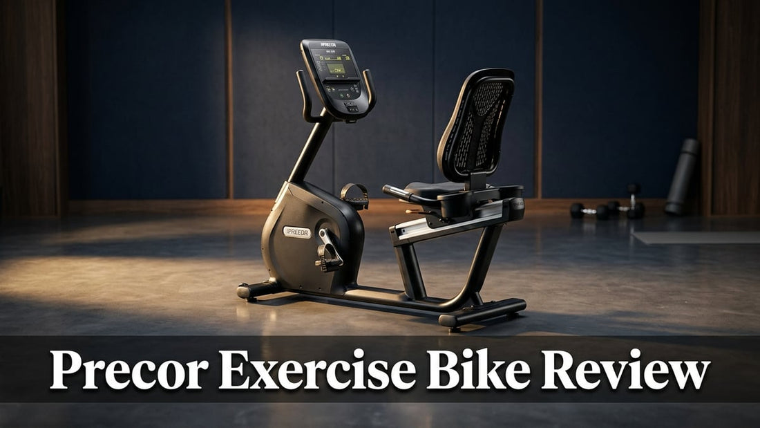 Precor RBK 635 recumbent exercise bike in a minimalist studio gym with cinematic lighting