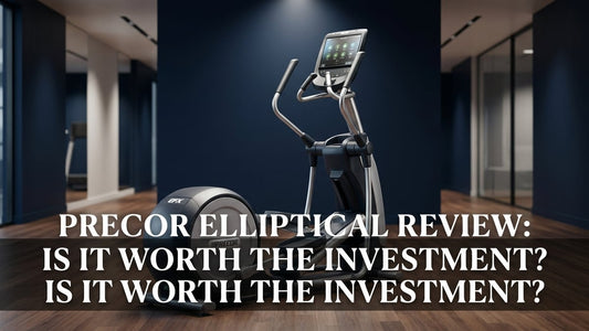 Precor commercial elliptical machine in a minimalist gym with cinematic studio lighting and bold review title text