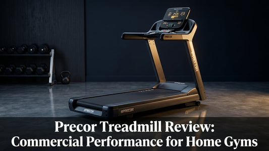 Precor TRM 631 commercial treadmill in a minimalist home gym with cinematic studio lighting