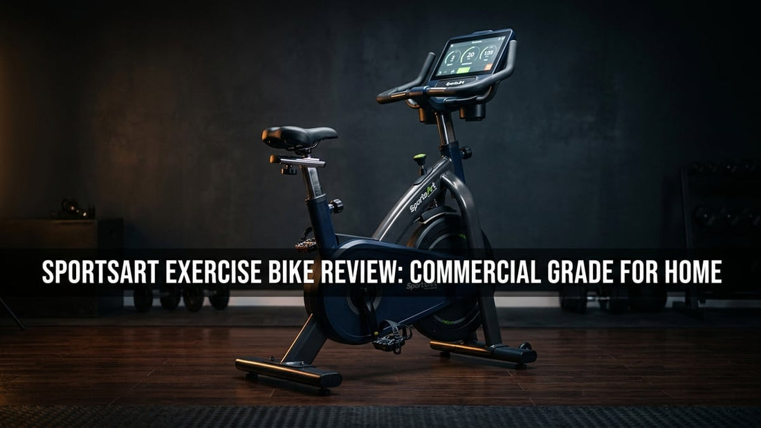 SportsArt commercial-grade upright exercise bike in a minimalist home gym with dramatic studio lighting