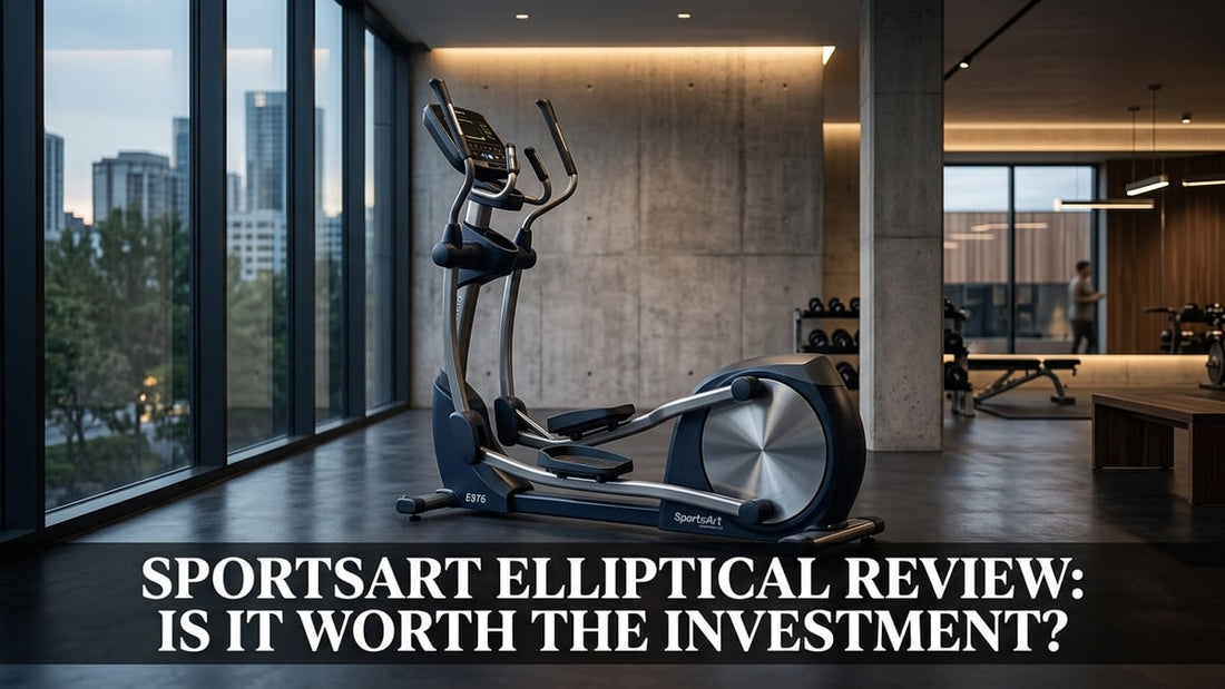 SportsArt commercial elliptical machine in a minimalist gym with dramatic professional lighting and review title text overlay