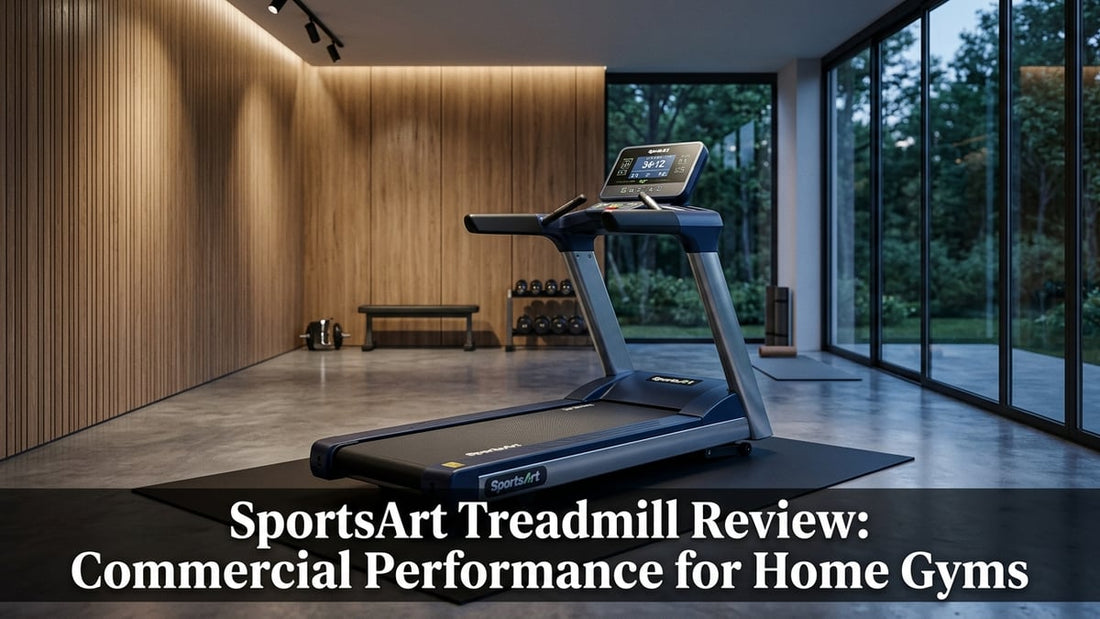 Cinematic home gym shot of a navy blue SportsArt commercial-grade treadmill with studio lighting and wood paneling