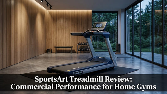 Cinematic home gym shot of a navy blue SportsArt commercial-grade treadmill with studio lighting and wood paneling