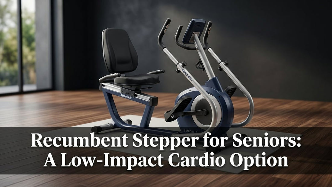 High-end cinematic shot of a navy blue recumbent stepper machine in a minimalist wood-floored room with article title text overlay