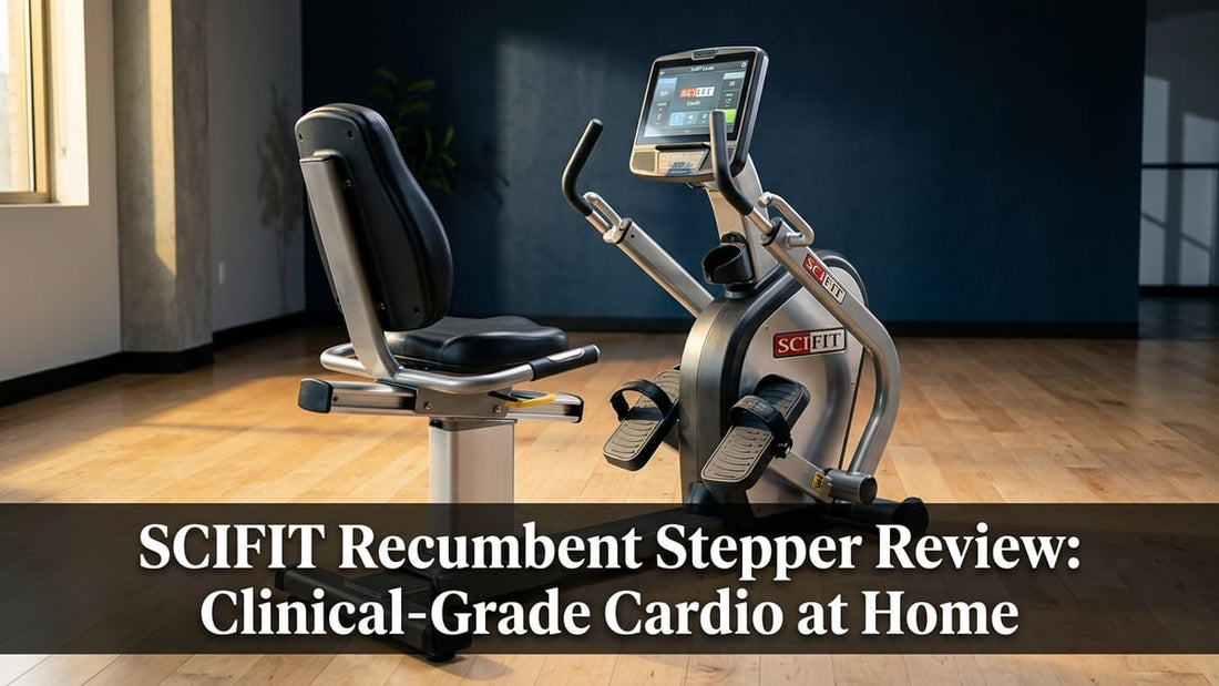 SCIFIT StepONE recumbent stepper machine in a clinical rehabilitation studio with dramatic lighting
