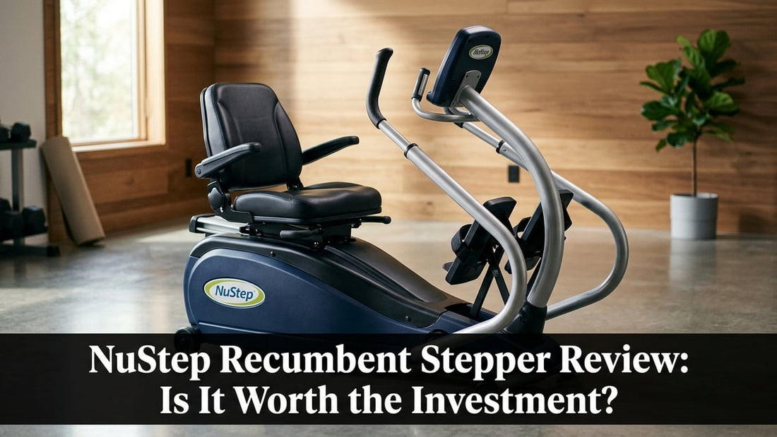 Premium NuStep recumbent stepper in a minimalist studio gym with cinematic lighting and navy blue finish