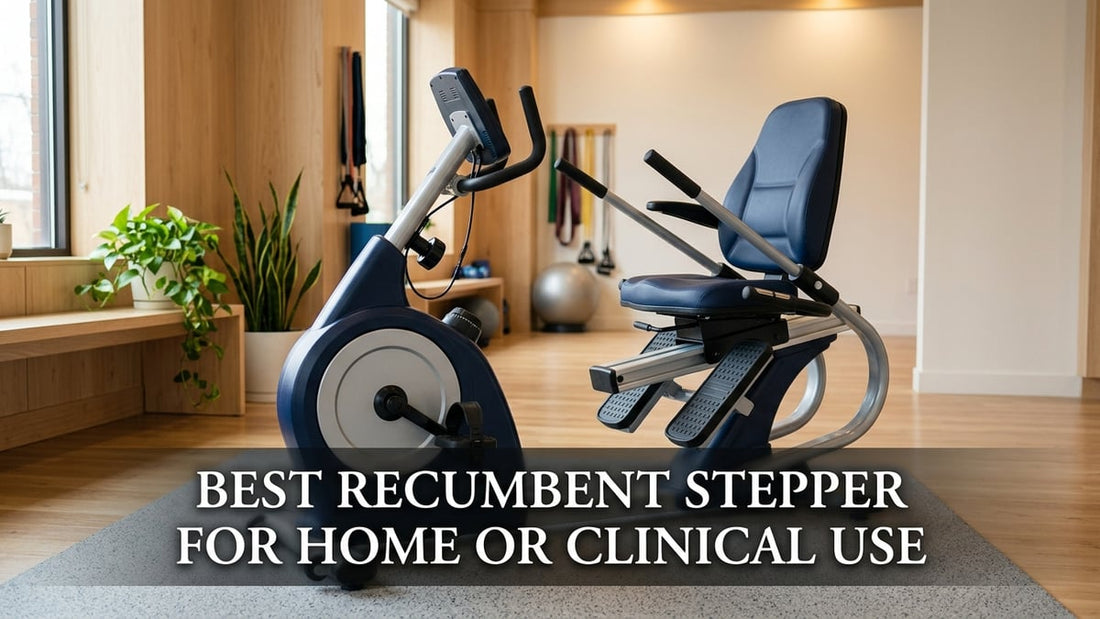 Premium recumbent stepper machine in a clean minimalist rehabilitation room with warm directional lighting