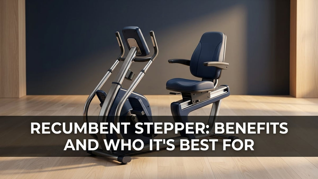 A navy blue recumbent stepper machine photographed in a clean minimalist studio with cinematic lighting