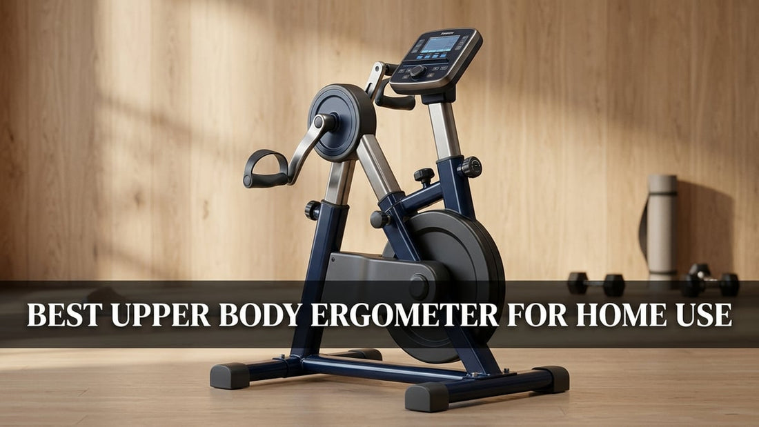 Premium freestanding upper body ergometer in a clean minimalist home gym with studio lighting