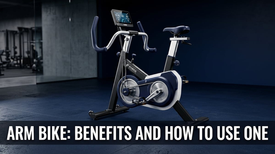 Premium studio shot of a modern upper body ergometer arm bike machine with dramatic lighting