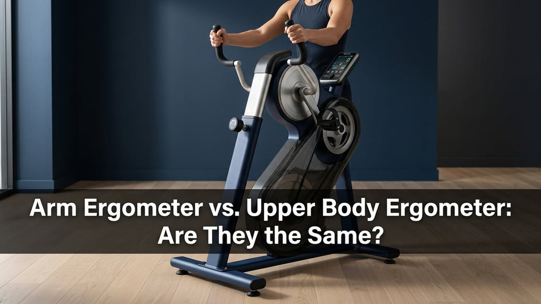 Sleek freestanding arm ergometer with chest-height dual cranks against a navy blue minimalist studio background.