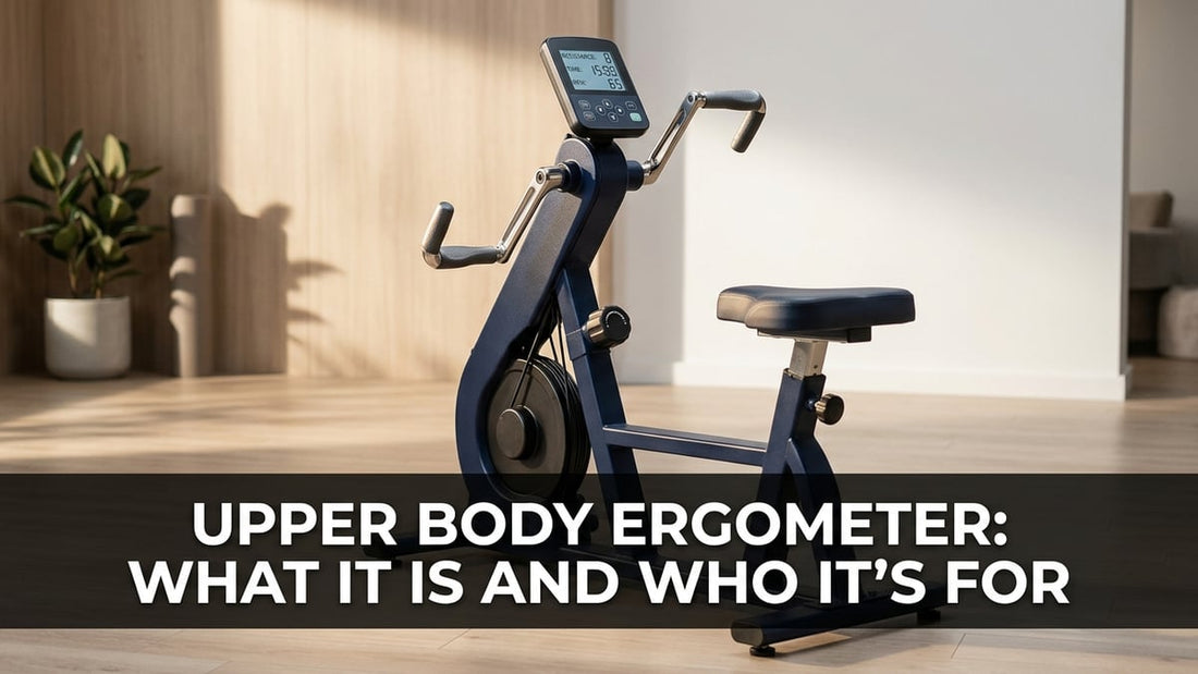 Premium upper body ergometer machine shown in a clean minimalist clinical wellness studio with dramatic lighting