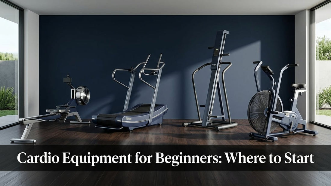 Minimalist home gym featuring four beginner cardio machines arranged on dark wood flooring with dramatic studio lighting
