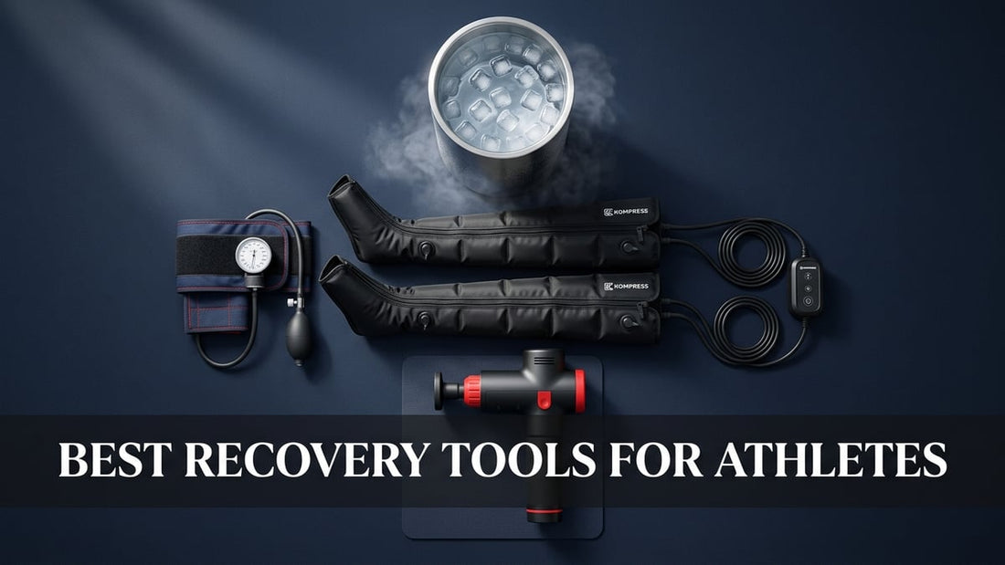 Top-down flat-lay of premium athletic recovery tools including cold plunge, compression sleeves, and massage gun on navy background