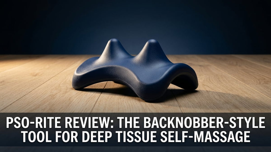 Cinematic product shot of the PSO-RITE deep tissue self-massage tool on a natural wood floor with studio lighting