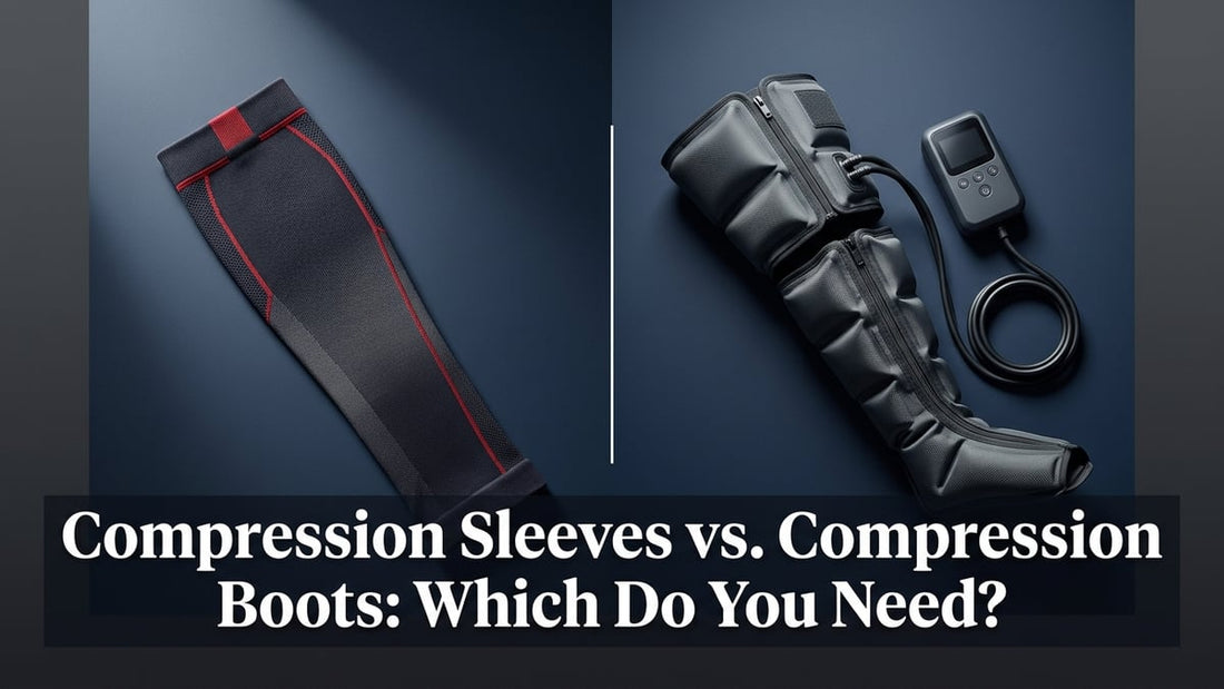 Side-by-side comparison of a compression sleeve and a pneumatic compression boot system on a dark surface