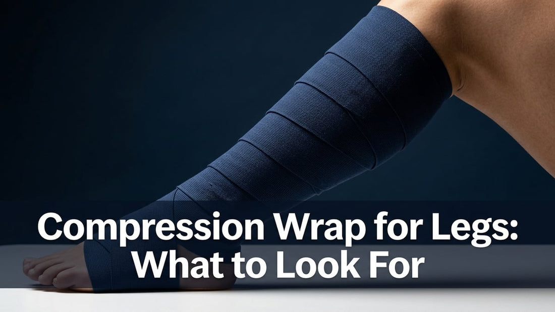 Cinematic close-up of a professionally applied leg compression wrap in deep navy blue on a clean background