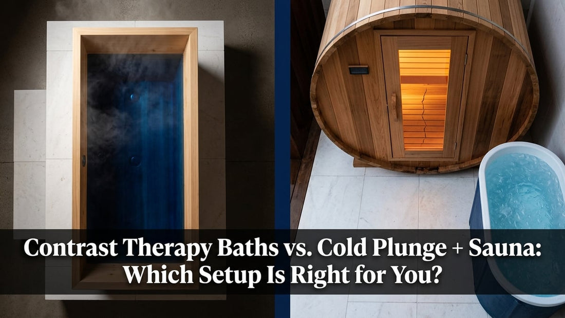 Split-view overhead comparison of a contrast therapy bath tub versus separate sauna and cold plunge setup