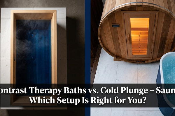 Split-view overhead comparison of a contrast therapy bath tub versus separate sauna and cold plunge setup